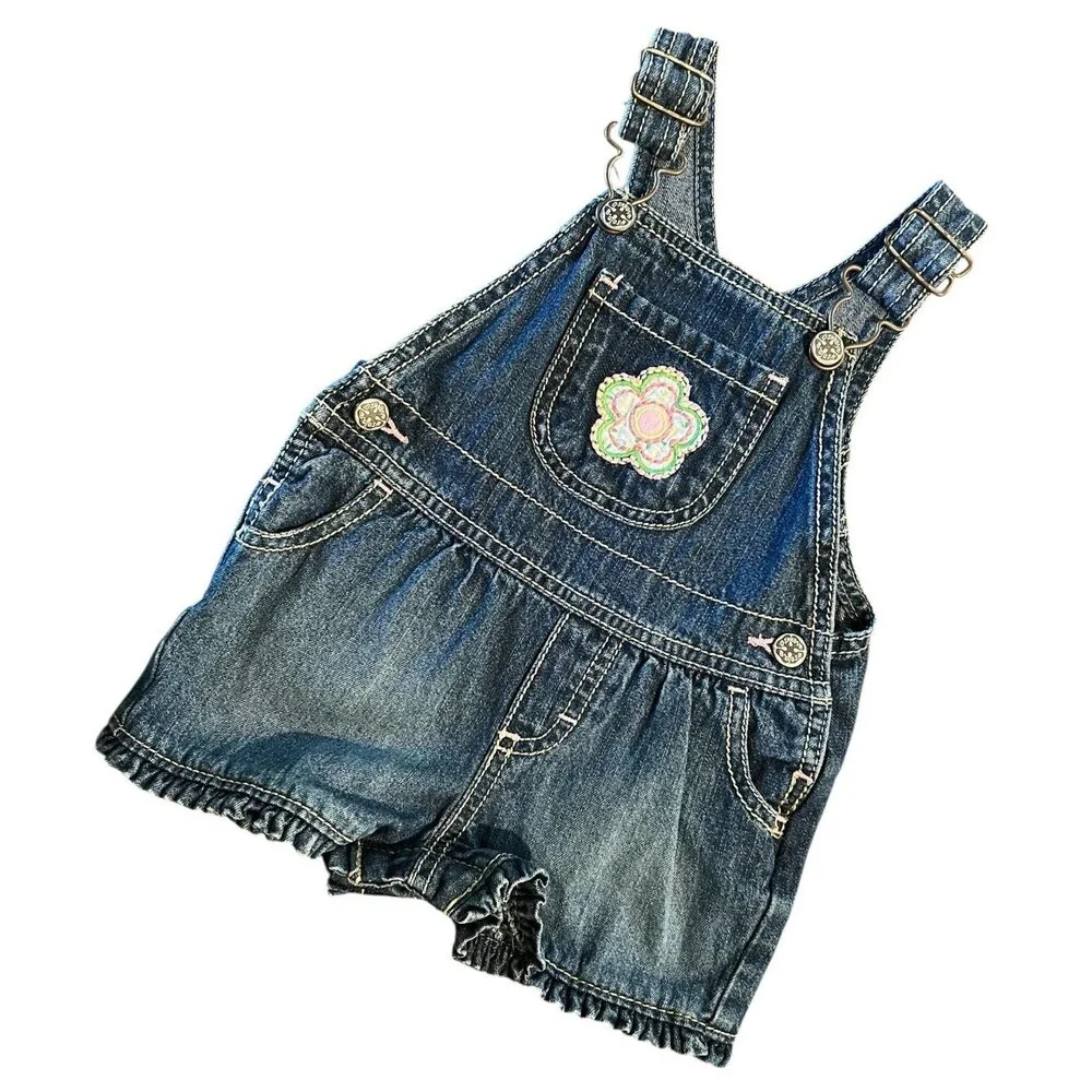Vintage Oshkosh B'gosh Baby Girls Flower Overall Shortall 0-6 mo Ruffle Hem